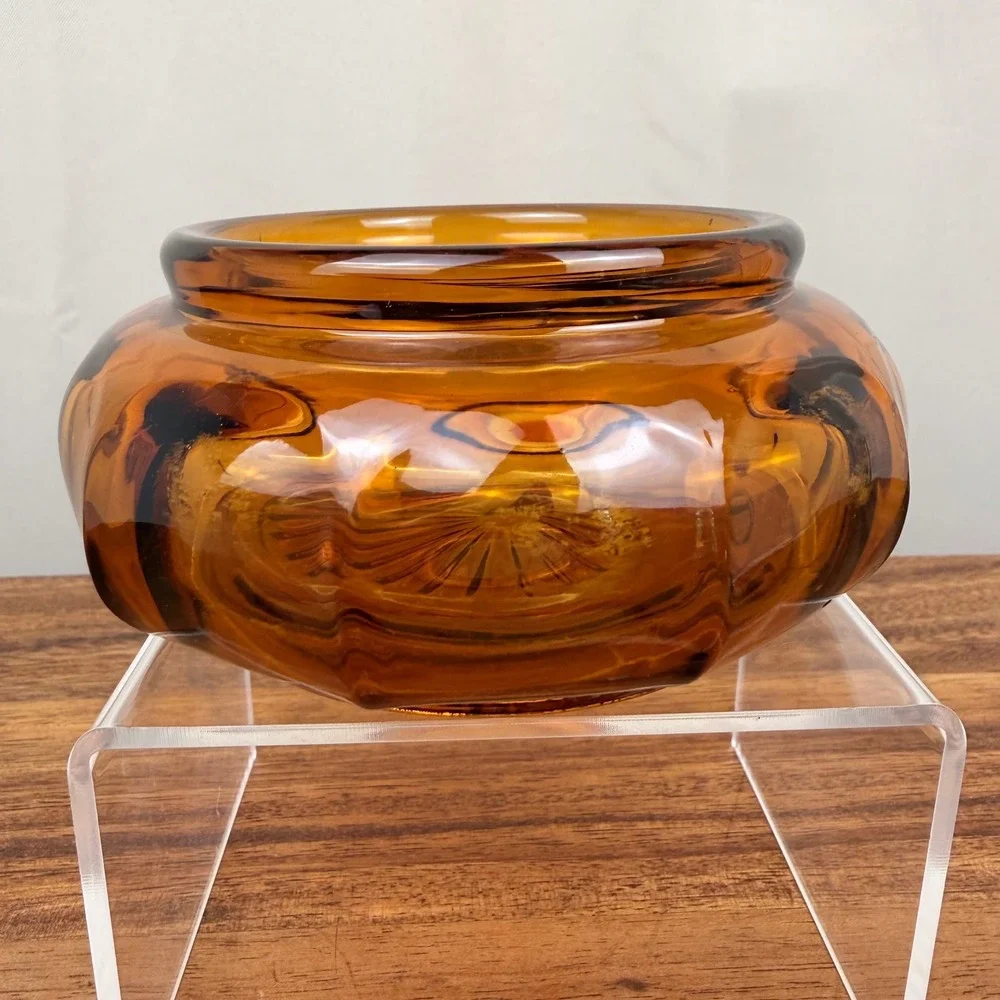 Vintage Amber Glass Powder Jar Base Sunburst Bottom Trinket Dish Honey Gold